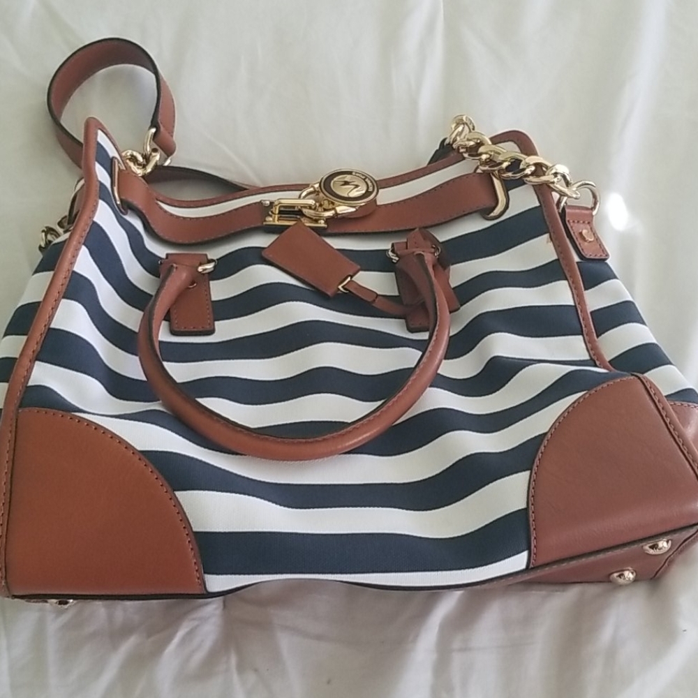 Michael Kors Blue and White Striped Hamilton Bag